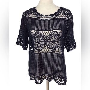 Anthropologie James Coviello Blue Crochet Lace Short Sleeve Top Large